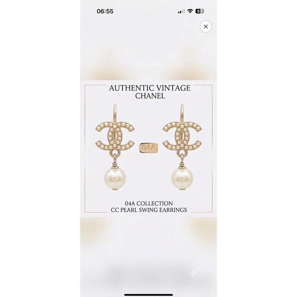 ⁠Chanel Vintage Faux Pearl CC Logo Dangle Drop Earrings Silver Tone 04A Pierced